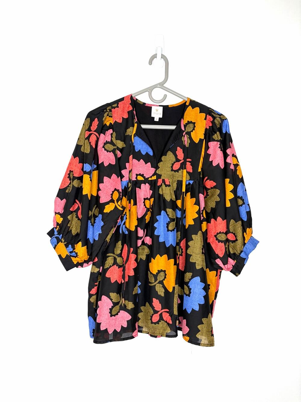J.Marie Avery 3/4 Puff Sleeve Blouse Top Sz M Floral Boho Peasant Cottage Fall